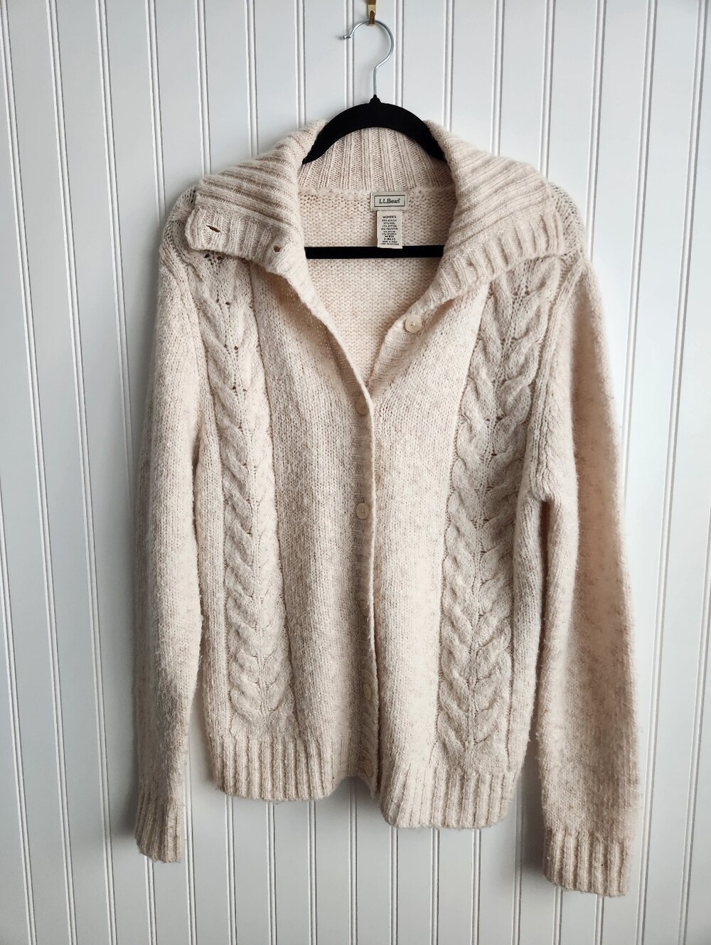 L.L.BEAN Cream Acrylic Wool Blend Cable Knit Button Up Coastal Sweater Medium